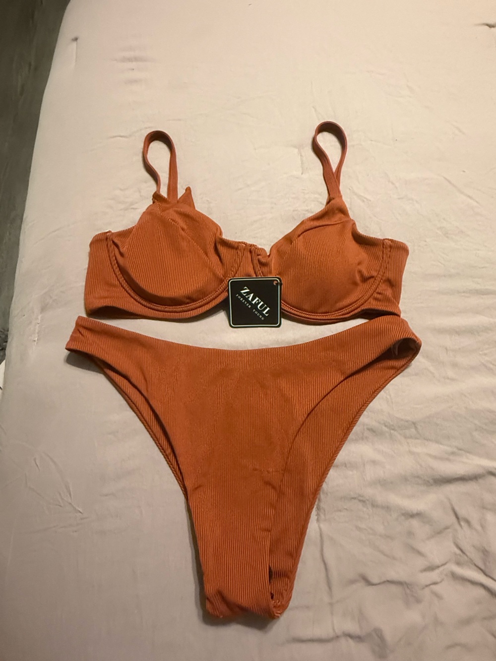 Zaful Rust Orange Ribbed Underwire Bikini Set